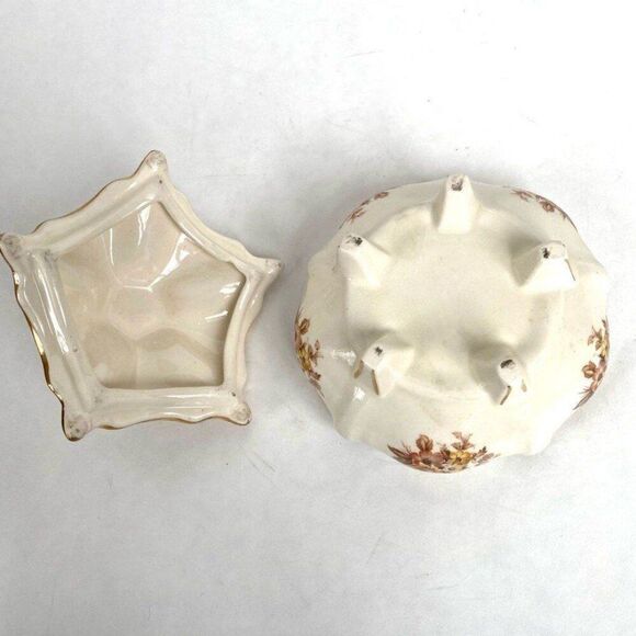 Vintage Porcelain Lidded Footed Powder Box Floral Gold Gilt Trinket Dish - Picture 8 of 10